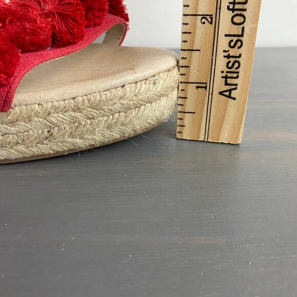Saks Fifth Avenue Espadrille Wedge Ankle Strap Sandals 7.5 Red Pom Pom Leather - Picture 10 of 10